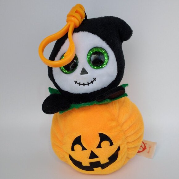2018 TY Beanie Boos Halloweenie Beanies SPOOKY Grim Reaper w/Pumpkin Key Clip - Picture 2 of 5